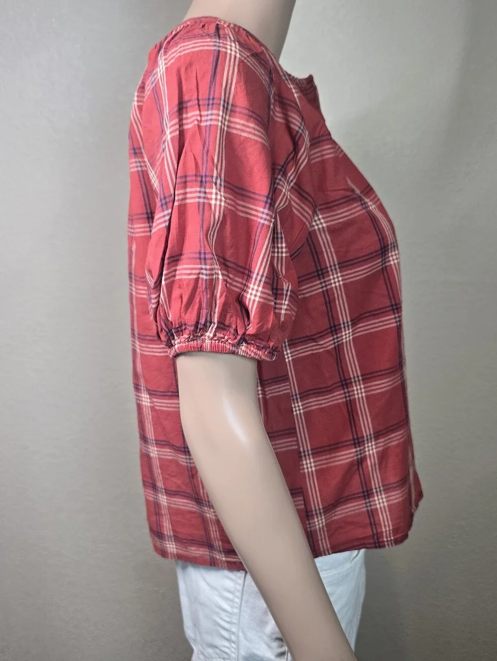 Madewell Red Plaid Short Sleeve Round Neck Lightweight Cotton Prose Shirt S